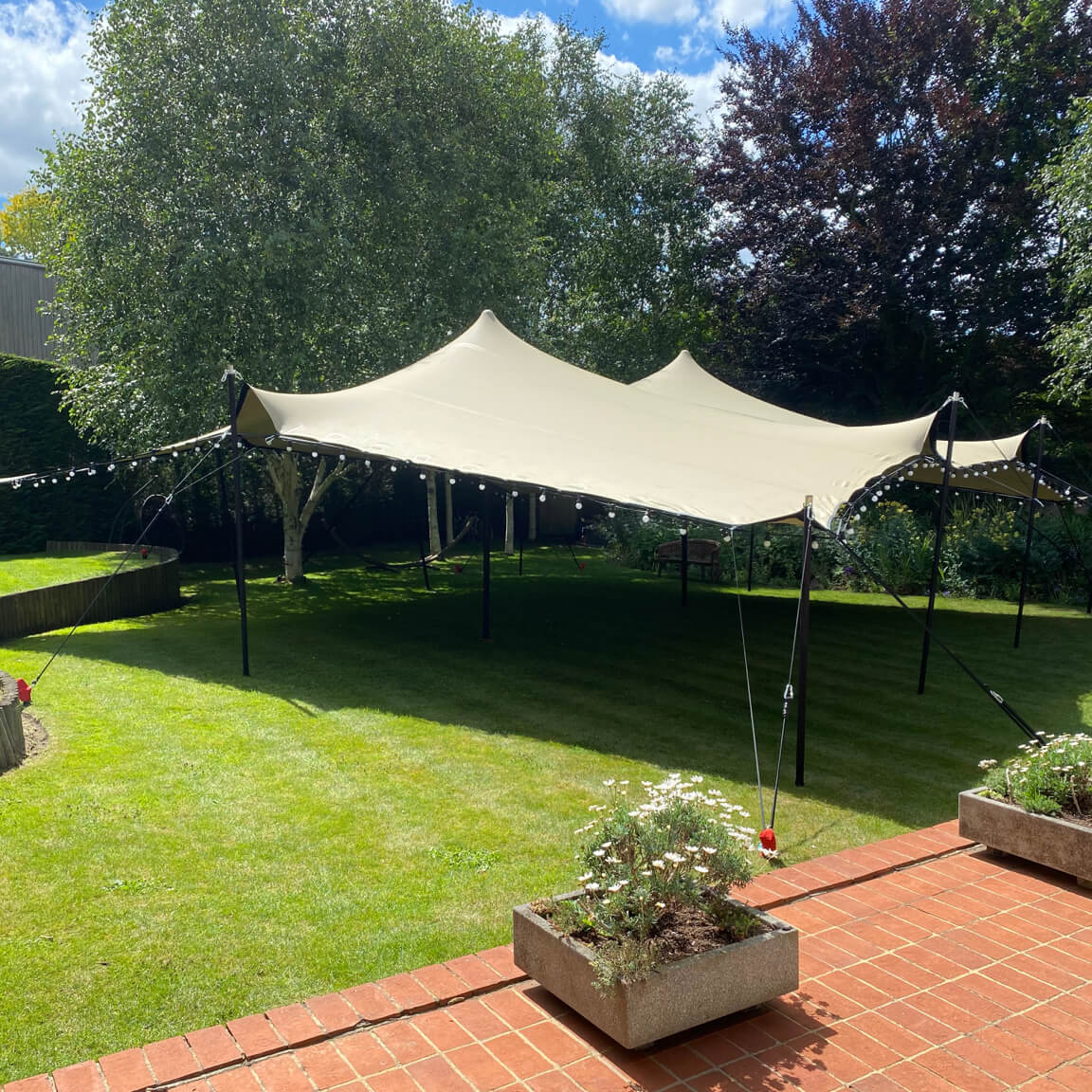 Stretch tent set up on a garden lawn at golden hour