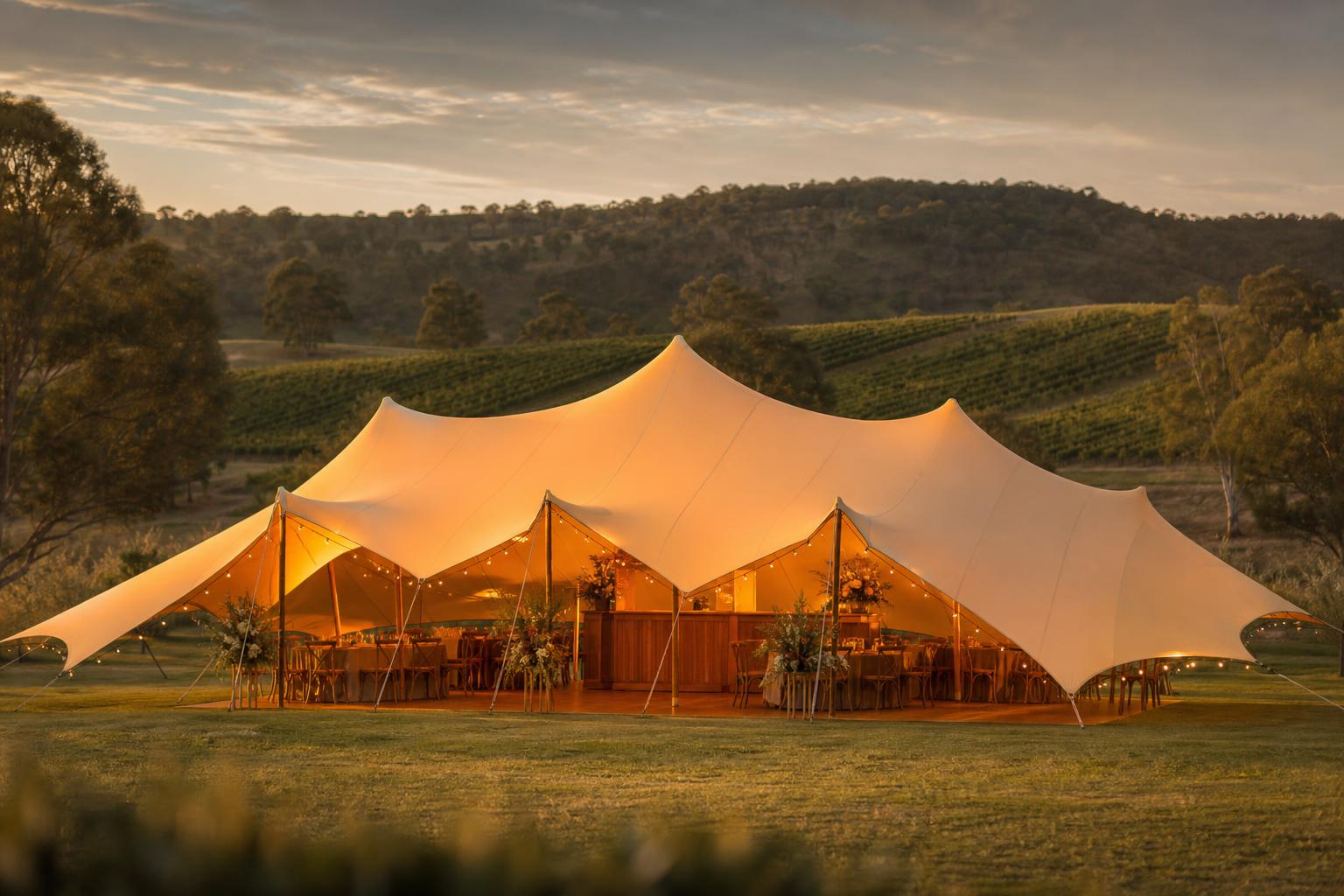 Cream stretch tent set up for a wedding reception in the Hunter Valley