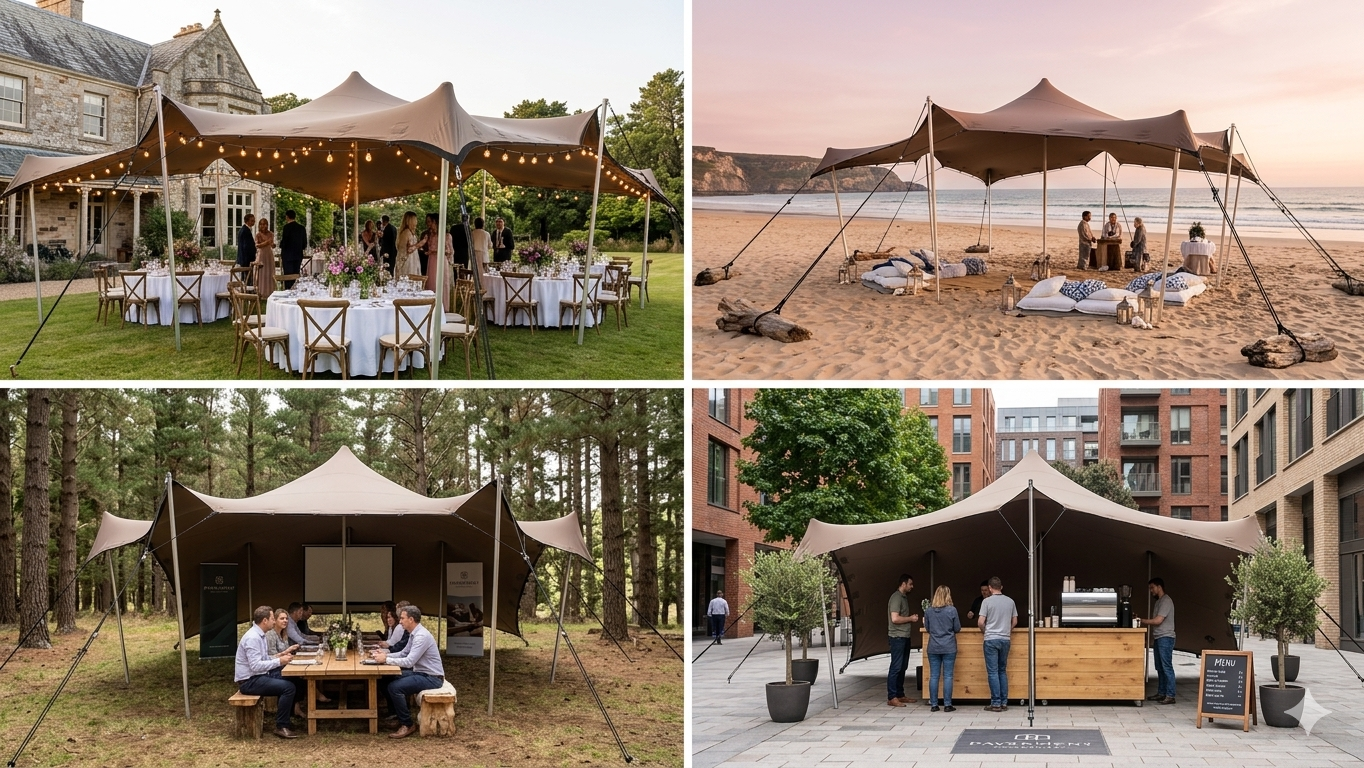 Stretch tent set up at a country estate, beach, forest and city courtyard